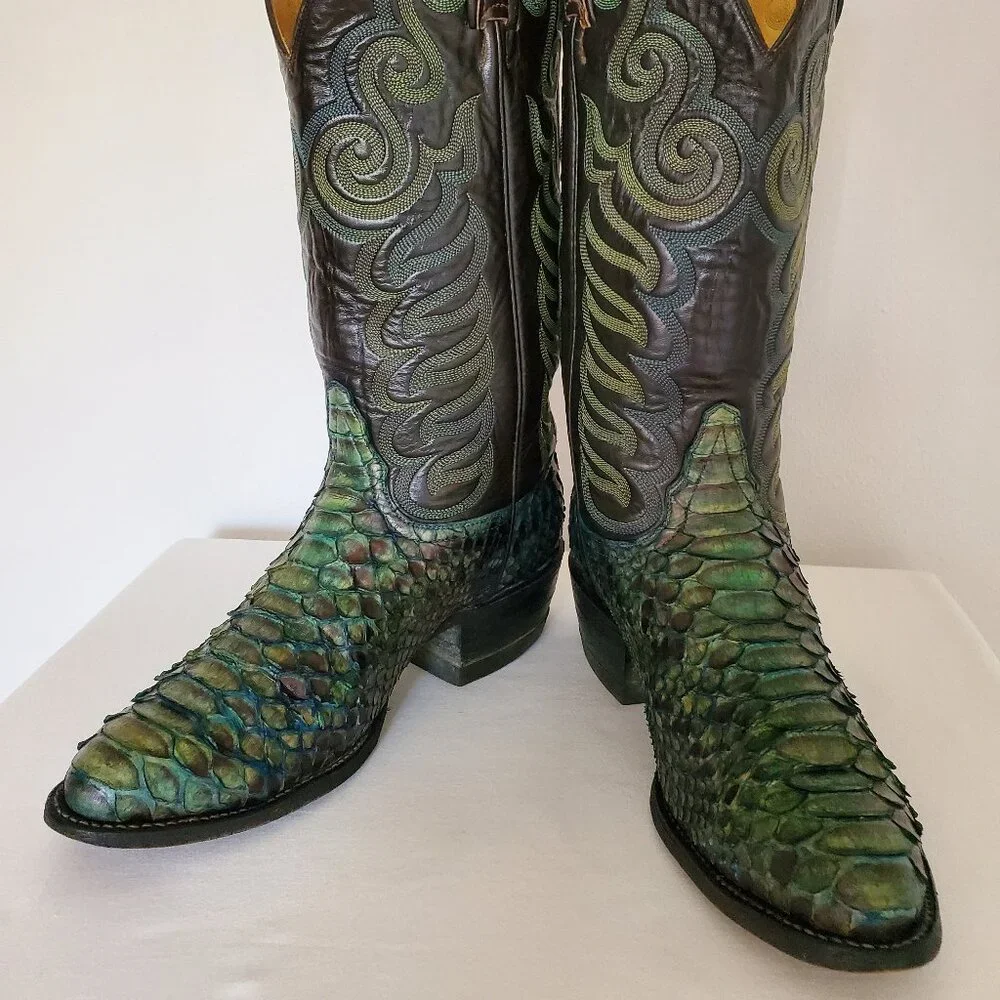 Tony Lama 8 1/2 painted blue green black western cowboy boots python snake skin